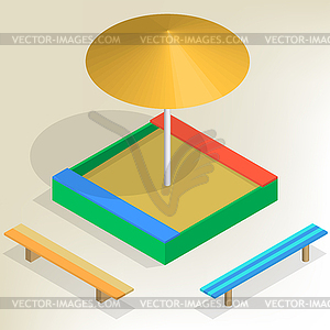 Sandbox with benches in isometric,  - vector image