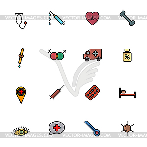 Set of flat medical icons with black stroke,  - vector image