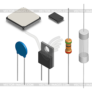 Set of different electronic components in 3D,  - vector image
