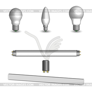 Набор различных светодиодных и флуоресцентных лампочек - клипарт в векторе