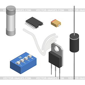 Набор различных электронных компонентов в 3D, - стоковый векторный клипарт