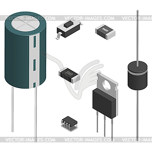 Set of different electronic components in 3D,  - vector image