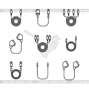 Icons of cord and cable with plugs of thin lines,  - vector clip art