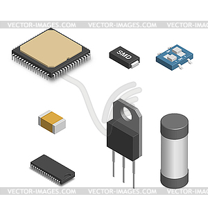 Set of different electronic components in 3D,  - vector clip art
