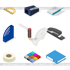 Set of icons, office and school. Flat 3d isometric - vector clipart