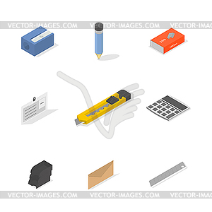 Set of icons, office and school. Flat 3d isometric - vector image