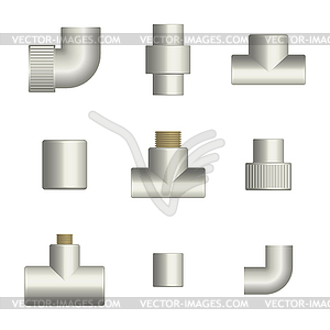 Set of fittings and connections for plastic pipes, - vector image