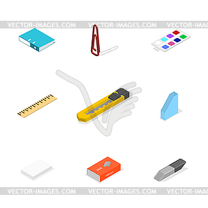 Set of icons, office and school. Flat 3d isometric - vector image