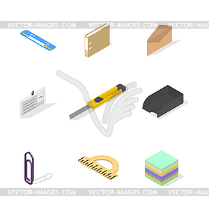 Set of icons, office and school. Flat 3d isometric - vector clipart