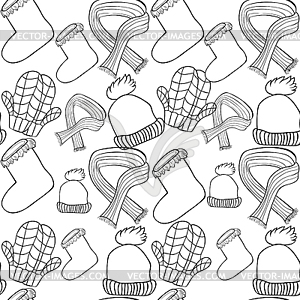 Seamless pattern Coloring hat, mittens, boots, scar - vector clip art
