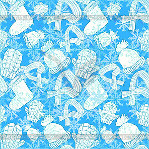 Seamless pattern hat, mittens, boots, scarf - vector clip art