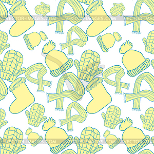 Seamless pattern hat, mittens, boots, scarf - vector image