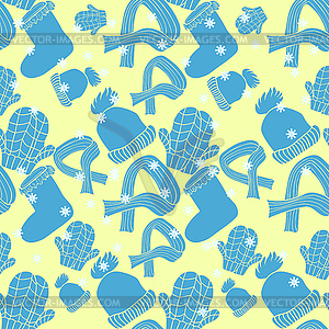 Seamless pattern hat, mittens, boots, scarf - vector image