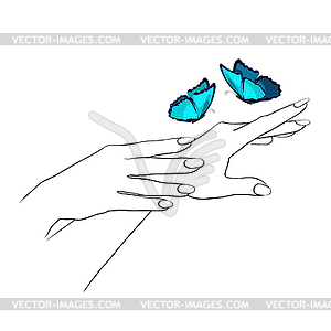 Hands care female girl coloring and blue morpho, - vector clip art