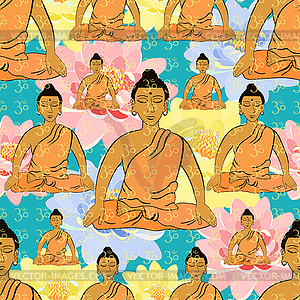 Seamless pattern Buddha sitting in lotus Indian - vector clip art