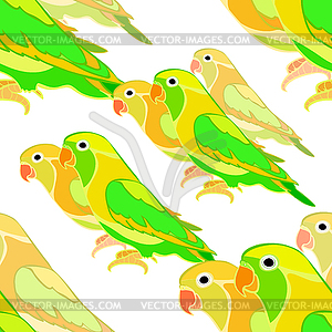 Seamless pattern lovebirds parrot with red beak. - vector clip art
