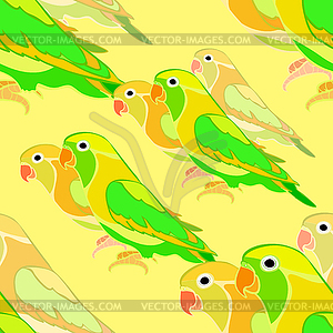 Seamless pattern lovebirds parrot with red beak. - vector clipart / vector image