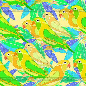 Seamless pattern lovebirds parrot with red beak. - vector image