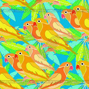 Seamless pattern lovebirds parrot with red beak. - vector clipart