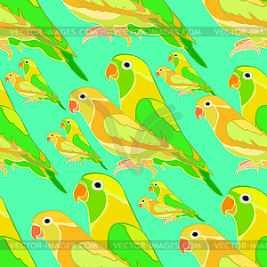Seamless pattern lovebirds parrot with red beak. - color vector clipart