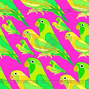 Seamless pattern lovebirds parrot with red beak. - vector image