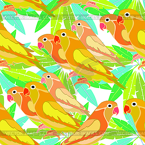 Seamless pattern lovebirds parrot with red beak. - vector clipart