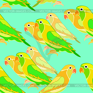 Seamless pattern lovebirds parrot with red beak. - color vector clipart