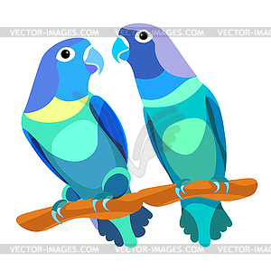 Parrot lovebirds couple sitting head turned blue. - vector clip art