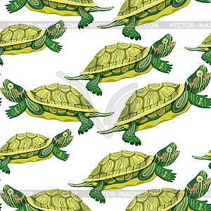 Seamless pattern Pond slider turtle green smiling - vector image