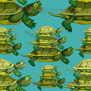 Seamless pattern Pond slider turtle green smiling - vector image