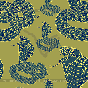 Seamless pattern green king cobra with fangs. - vector clip art