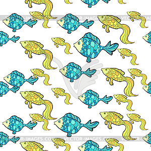 Seamless pattern fish cartoon blue gold - vector image