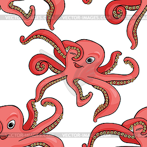 Seamless pattern red octopus with smile child. - vector clipart