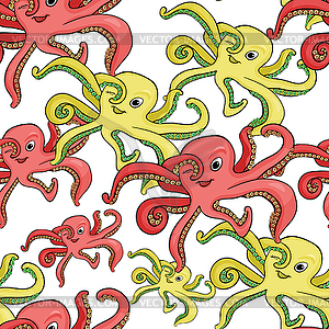 Бесшовные модели красный осьминог с улыбкой ребенка. - иллюстрация в векторном формате