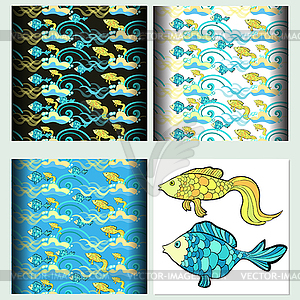 Set of seamless pattern and design cartoon blue - vector image