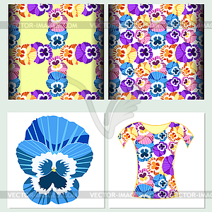 Set seamless pattern for t-shirt pansies - vector clip art