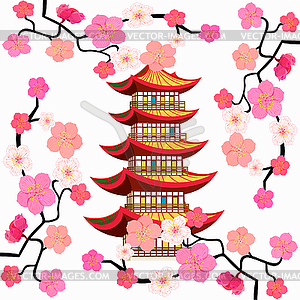 Sakura cherry Chinese pagoda five levels - vector image