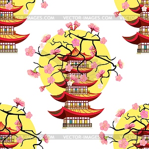 Seamless pattern Sakura cherry sunset Chinese pagod - vector image