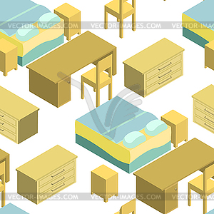 Seamless pattern Room bed table working isometric. - vector image