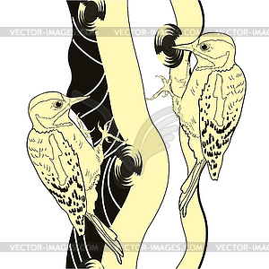 Графический пара большой пятнистый дятел молодой. - рисунок в векторе