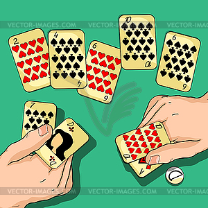 Playing cards in hands of two - royalty-free vector image