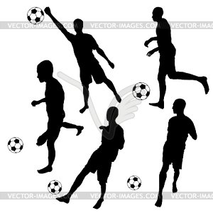 Набор силуэт человек играет футбольный мяч - стоковое векторное изображение