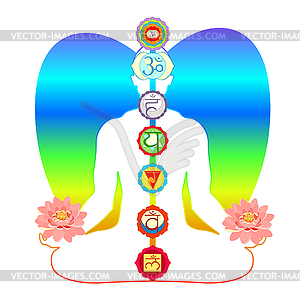 Медитационная йога с чакрами и цветком лотоса. - стоковый векторный клипарт