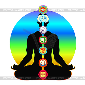 Meditation yoga silhouette man with chakras - vector image