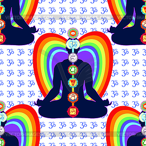 Seamless pattern meditation yoga man with chakras - vector clipart