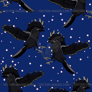 Seamless pattern raven bird with wings black - vector image