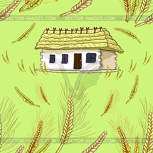 Seamless pattern wheat germ on background of house - vector clipart