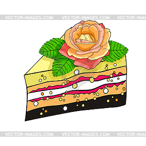 Cake piece with rose flower - vector clip art