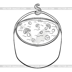 Pot of soup with mushrooms for hiking on nature. - vector clipart