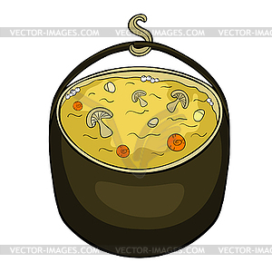 Pot of soup with mushrooms for hiking on nature. - vector image